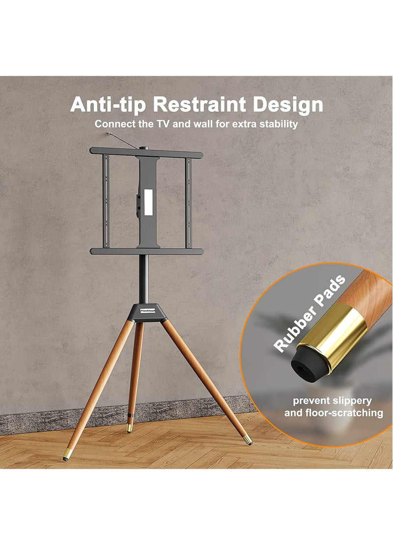 Tripod TV Stand with 180° Swivel & Tilt | Steel & Beech Wood Design | Height Adjustable for 32-65" Screens | Safety Rope & Cable Management​ Black