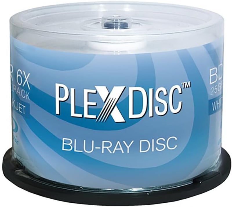 PlexDisc 633-214 25 GB 6X Blu-ray White Inkjet Printable Single Layer Recordable BD-R, 50pk Cake Box, 50 Discs - Image 1