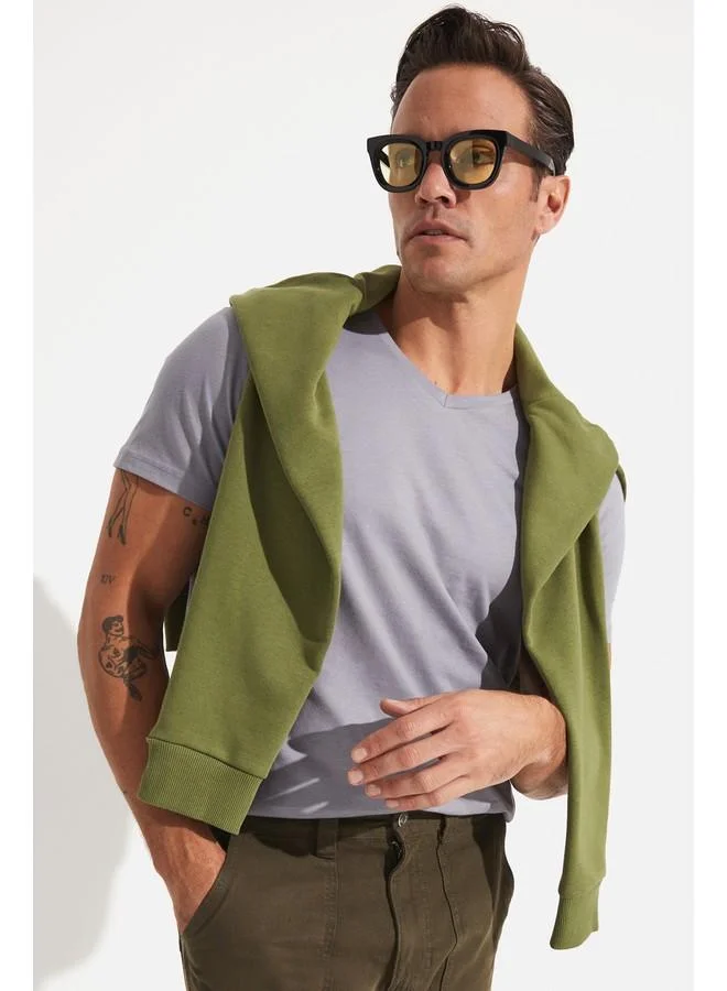 جون June Men Regular Fit Basic Short Sleeve V-Neck Tshirt Grey