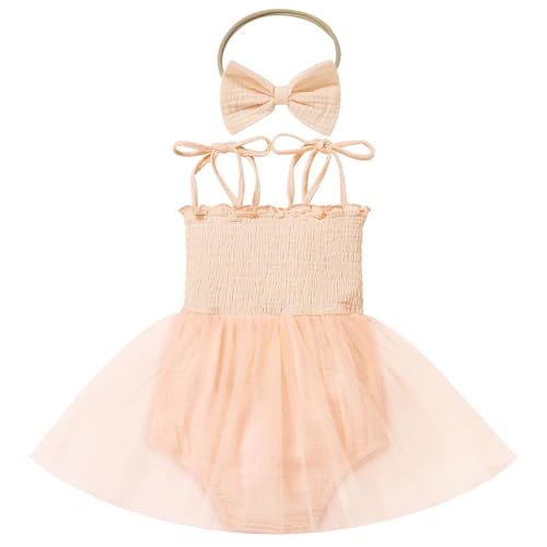 ODOLDI Baby Girls 1st Birthday Outfit Spaghetti Straps Romper Tutu Dress Headband One Year Old Party Cake Smash Outfits Peachy-Pink 6-12 Months - Image 2