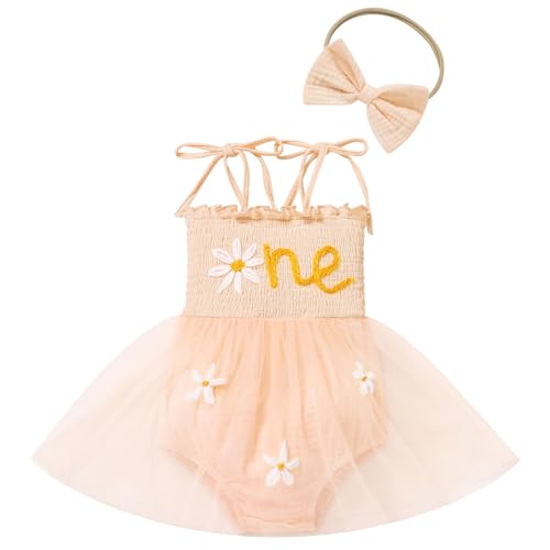 ODOLDI Baby Girls 1st Birthday Outfit Spaghetti Straps Romper Tutu Dress Headband One Year Old Party Cake Smash Outfits Peachy-Pink 6-12 Months - Image 1