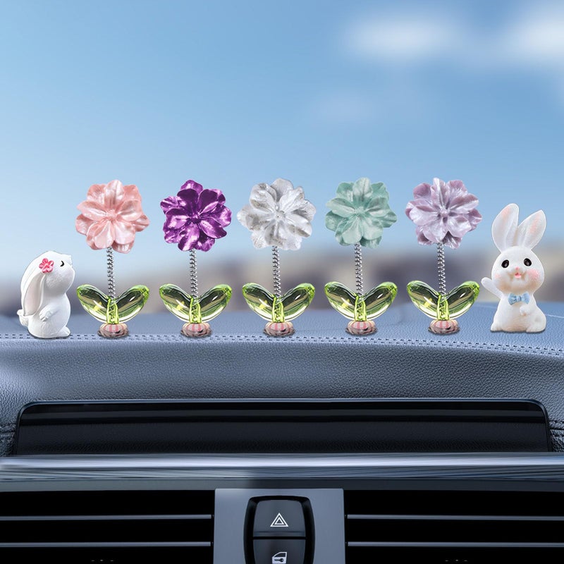 Kurilai 7pcs Cute Car Rearview Mirror Accessories Funny Bunny Car Ornament Shaking Spring Colorful Flower Car Dashboard Decoration Camellia Car Interior Decor Festival Car Present for Men Women - Image 3