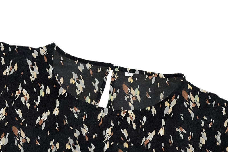 TASAMO Women Chiffon Blouse Round Neck Short Sleeve Top Shirts (Medium, Leaves-Black) - Image 4
