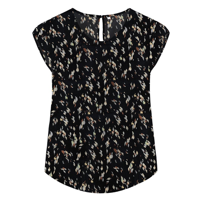 TASAMO Women Chiffon Blouse Round Neck Short Sleeve Top Shirts (Medium, Leaves-Black) - Image 1