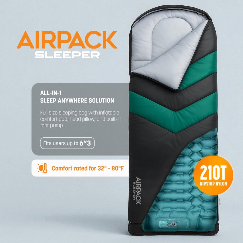 Rangland Sleeping Bag with Built-in Pad (AirPack Sleeper) - All-in-One Inflatable Sleeping Pad and Zip-Up Blanket for Camping with Built-in Foot Pump (Black/Green) 80"Ã—30" - Image 3