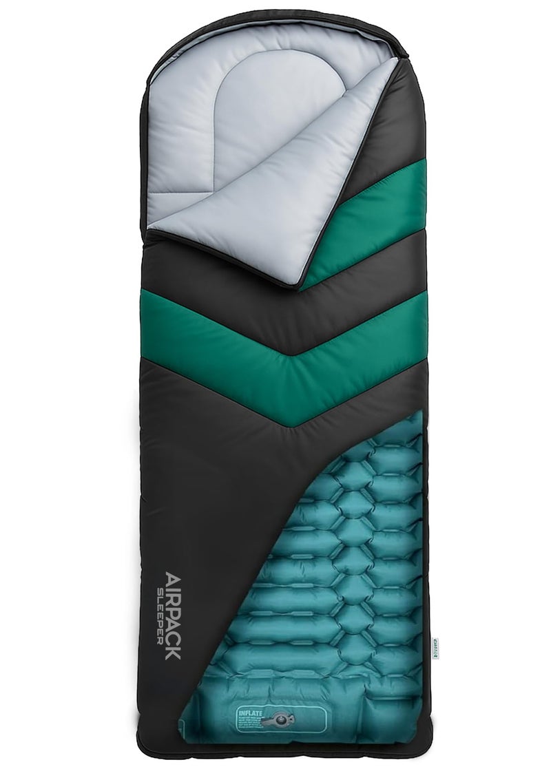 Rangland Sleeping Bag with Built-in Pad (AirPack Sleeper) - All-in-One Inflatable Sleeping Pad and Zip-Up Blanket for Camping with Built-in Foot Pump (Black/Green) 80"Ã—30" - Image 1