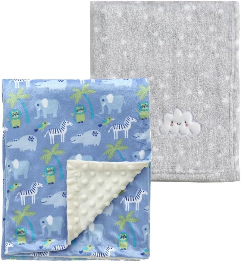 CREVENT 2Pcs 30''X40'' Cute Cozy Fluffy Warm Baby Blankets for Infants Toddlers' Bedding Crib Cot Stroller - Grey Cloud + Minky Zoo - Image 1