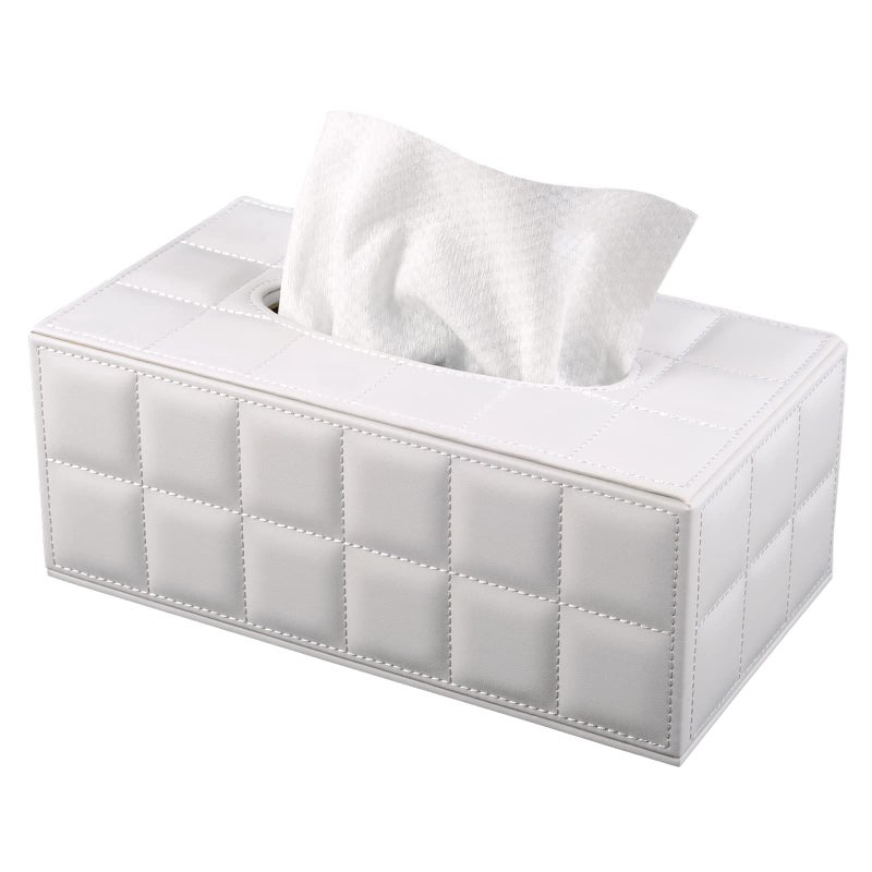 RHCSZ High-end Fashion Pu Leather Tissue Box Holder Cover Rectangular,Napkin Facial Tissues Cube Dispenser,Tissue Cover Decorative Container with Magnetic Bottom for Home Office Car (White) - Image 1