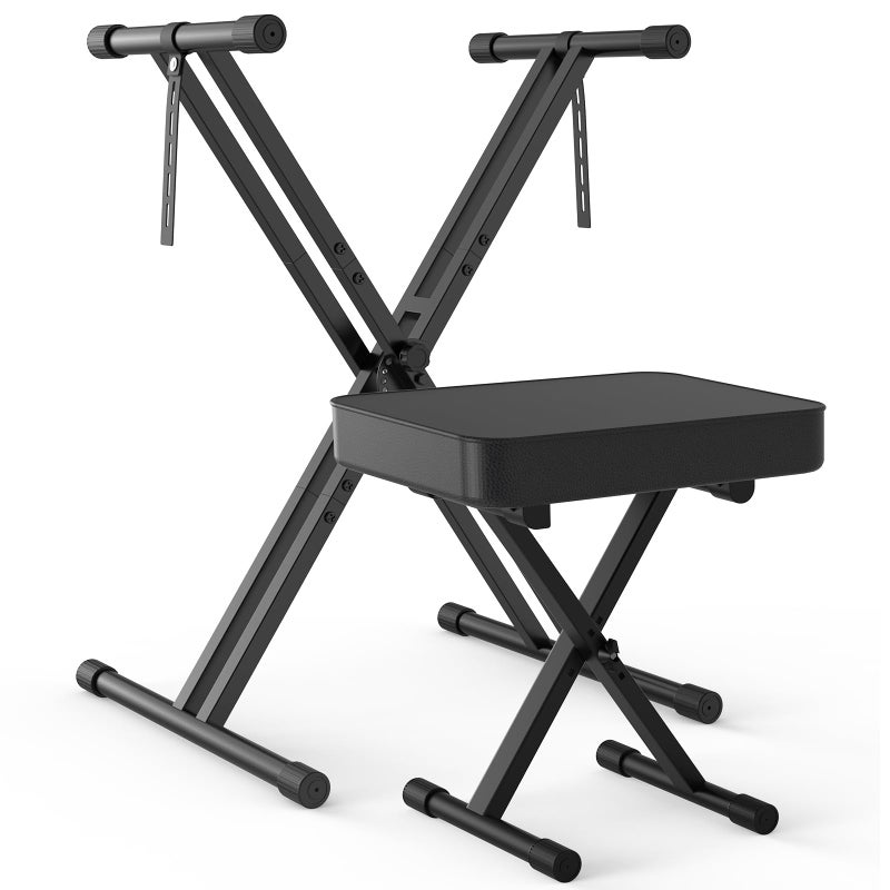 GLEAM طاولة ومقعد لوحة المفاتيح GLEAM، طراز X مزدوج لحامل البيانو الرقمي بارتفاع من 19" إلى 38"، مقعد مبطن بكثافة عالية من 14" إلى 18" باللون الأسود - Image 1