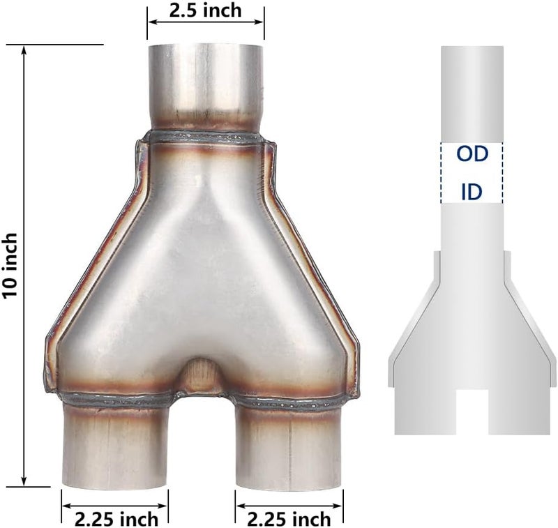LCGP Stainless Steel Y Pipe 2.5 Inch ID Single to 2.25'' Inch ID Dual Exhaust Adapter Connector 10" Overall Length - Image 2