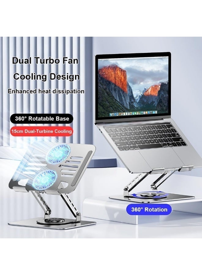 Laptop Stand with Cooling Fan, Foldable Metal Laptop Riser with 360° Rotating Base, Dual-Axis Adjustable Notebook Holder with Ventilation Design for 10-17.3 Inch Laptops and Tablets - Image 3