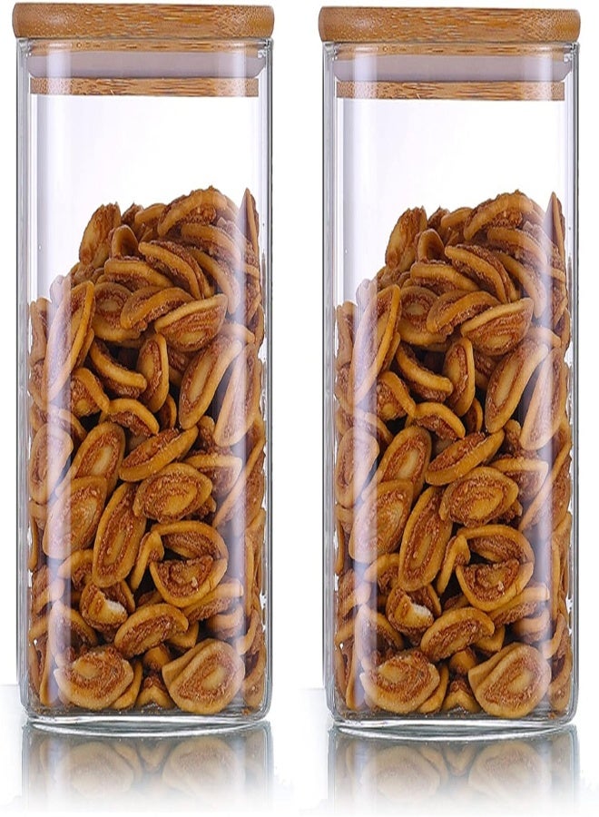 AKDC Lushh Square Glass Storage Jar With Air Tight Bamboo Lid, Borosilicate Kitchen Food Container Set For Candy Cookie Rice Sugar Flour Pasta Nuts,Set Of 2Pcs 1100 Ml - Image 4
