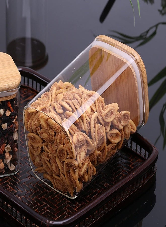 AKDC Lushh Square Glass Storage Jar With Air Tight Bamboo Lid, Borosilicate Kitchen Food Container Set For Candy Cookie Rice Sugar Flour Pasta Nuts,Set Of 2Pcs 1100 Ml - Image 1