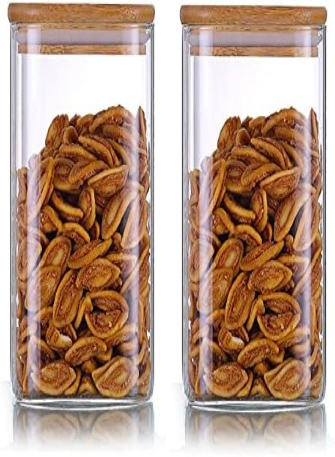 AKDC Lushh Square Glass Storage Jar With Air Tight Bamboo Lid, Borosilicate Kitchen Food Container Set For Candy Cookie Rice Sugar Flour Pasta Nuts,Set Of 2Pcs 1100 Ml - Image 3