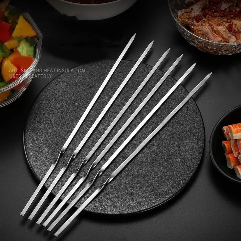 16 Pcs Flat Barbecue Skewers 27cm Reusable Stainless Steel Barbecue Skewers for Kabob BBQ Cocktail Party with Storage Bucket