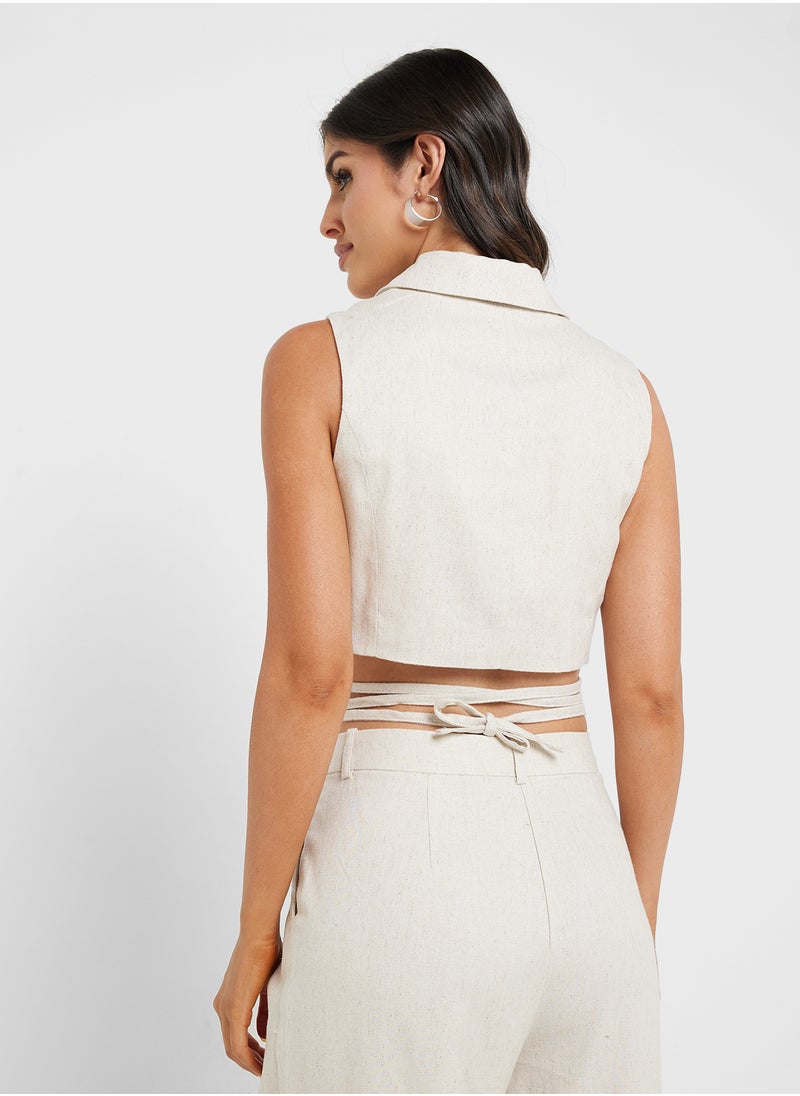 VERO MODA String Detail Cropped Linen Waistcoat  - Image 2