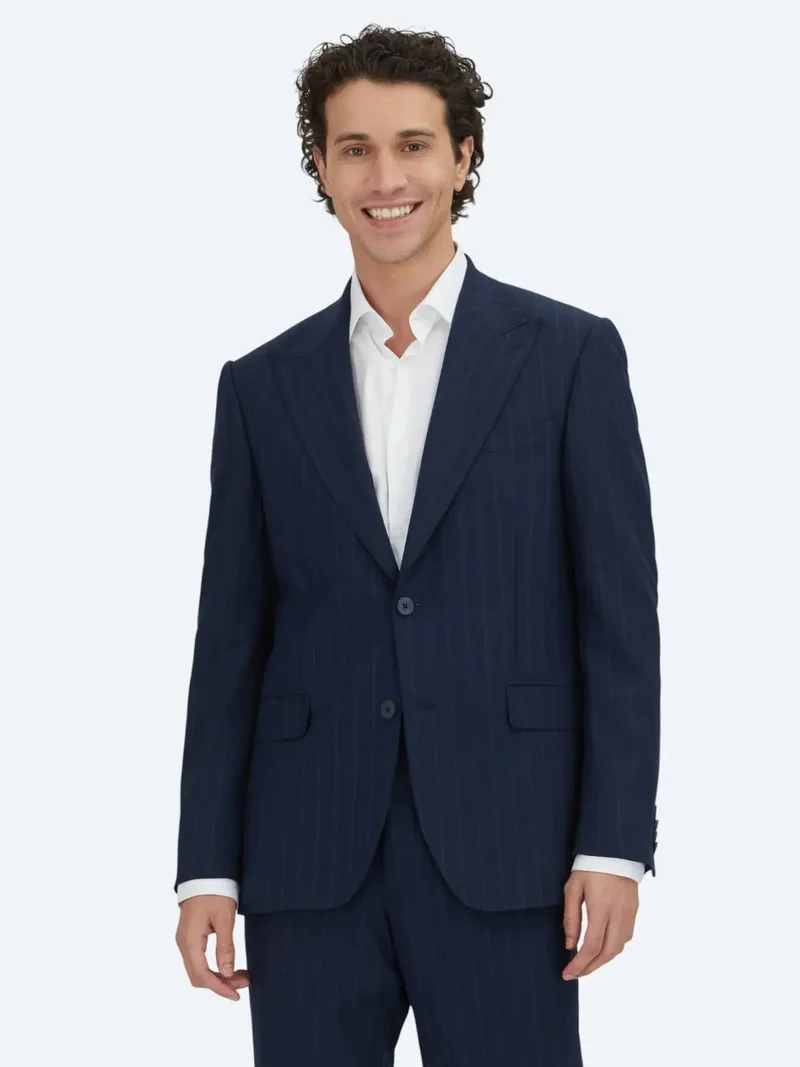Kip Navy Blue Striped Modern Fit Wool Blended Suit