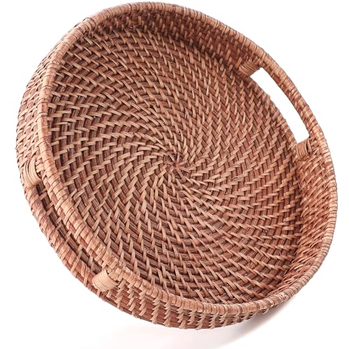 HITOMEN 14.2" Hand-Woven Round Rattan Serving Tray Decorative Ottoman Wicker Platter with Handles for Coffee Table, Breakfast, Drinks, Snack, Bread, Fruit, Vegetables (Honey Brown-L) - Image 1