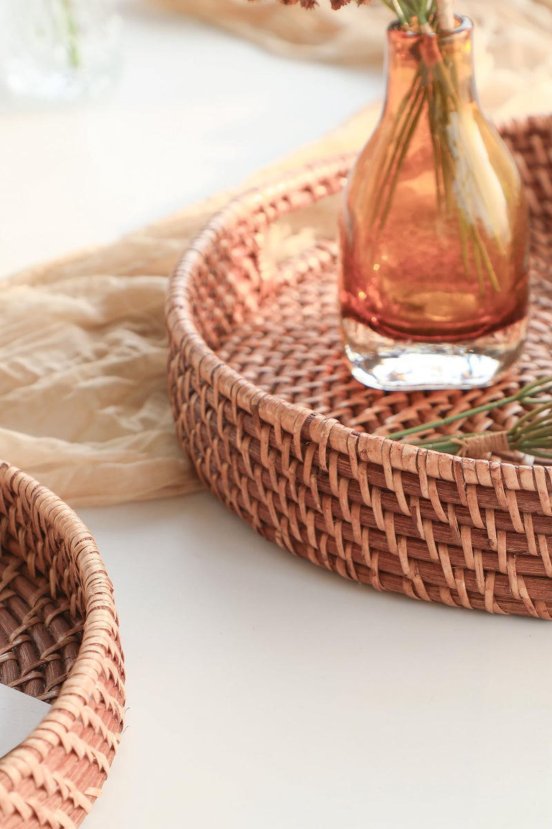 HITOMEN 14.2" Hand-Woven Round Rattan Serving Tray Decorative Ottoman Wicker Platter with Handles for Coffee Table, Breakfast, Drinks, Snack, Bread, Fruit, Vegetables (Honey Brown-L) - Image 4