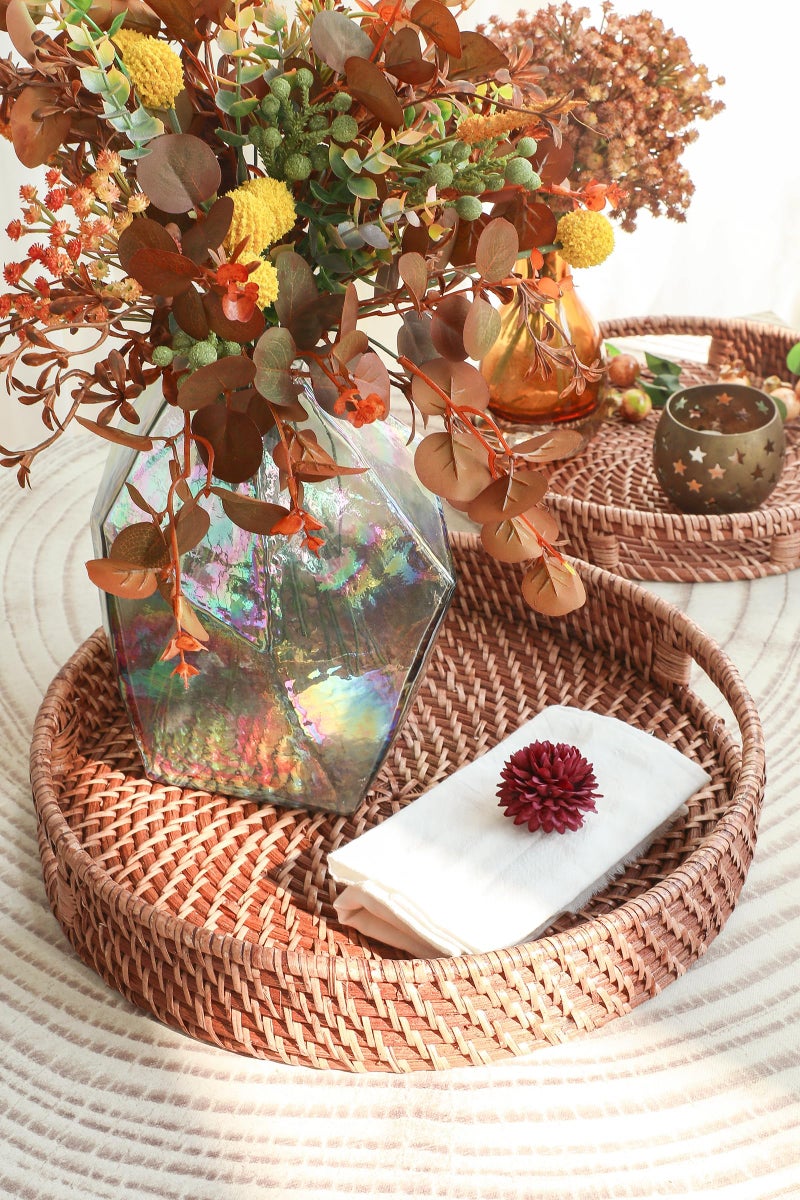 HITOMEN 14.2" Hand-Woven Round Rattan Serving Tray Decorative Ottoman Wicker Platter with Handles for Coffee Table, Breakfast, Drinks, Snack, Bread, Fruit, Vegetables (Honey Brown-L) - Image 2
