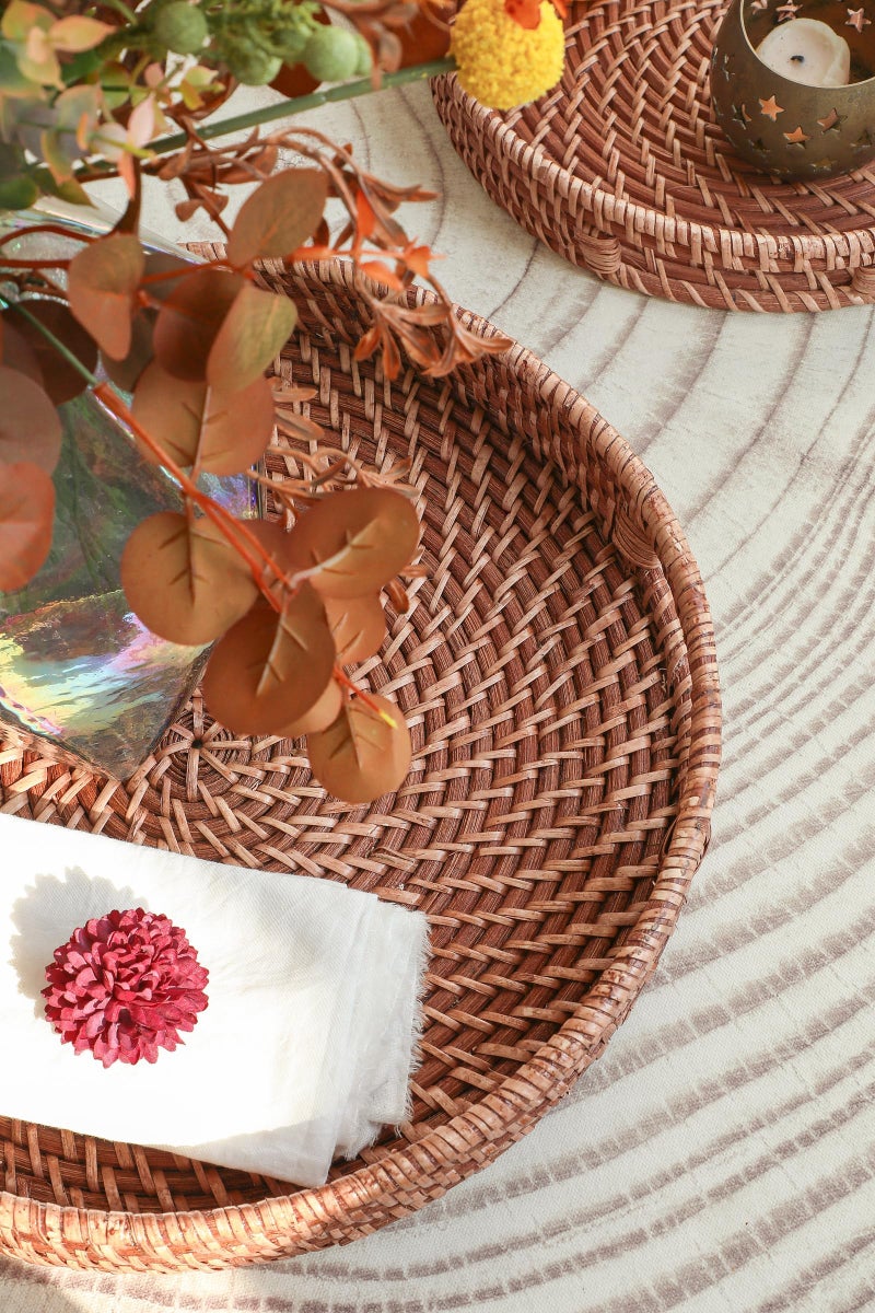 HITOMEN 14.2" Hand-Woven Round Rattan Serving Tray Decorative Ottoman Wicker Platter with Handles for Coffee Table, Breakfast, Drinks, Snack, Bread, Fruit, Vegetables (Honey Brown-L) - Image 3
