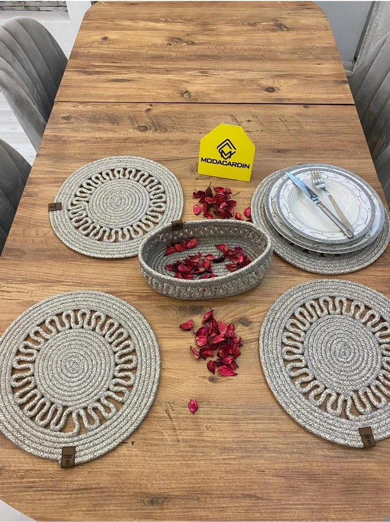 BDZ Deri BDZ Leather Jute Wicker American Service Plate and Basket 5 Pieces