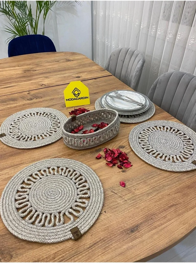 BDZ Deri BDZ Leather Jute Wicker American Service Plate and Basket 5 Pieces