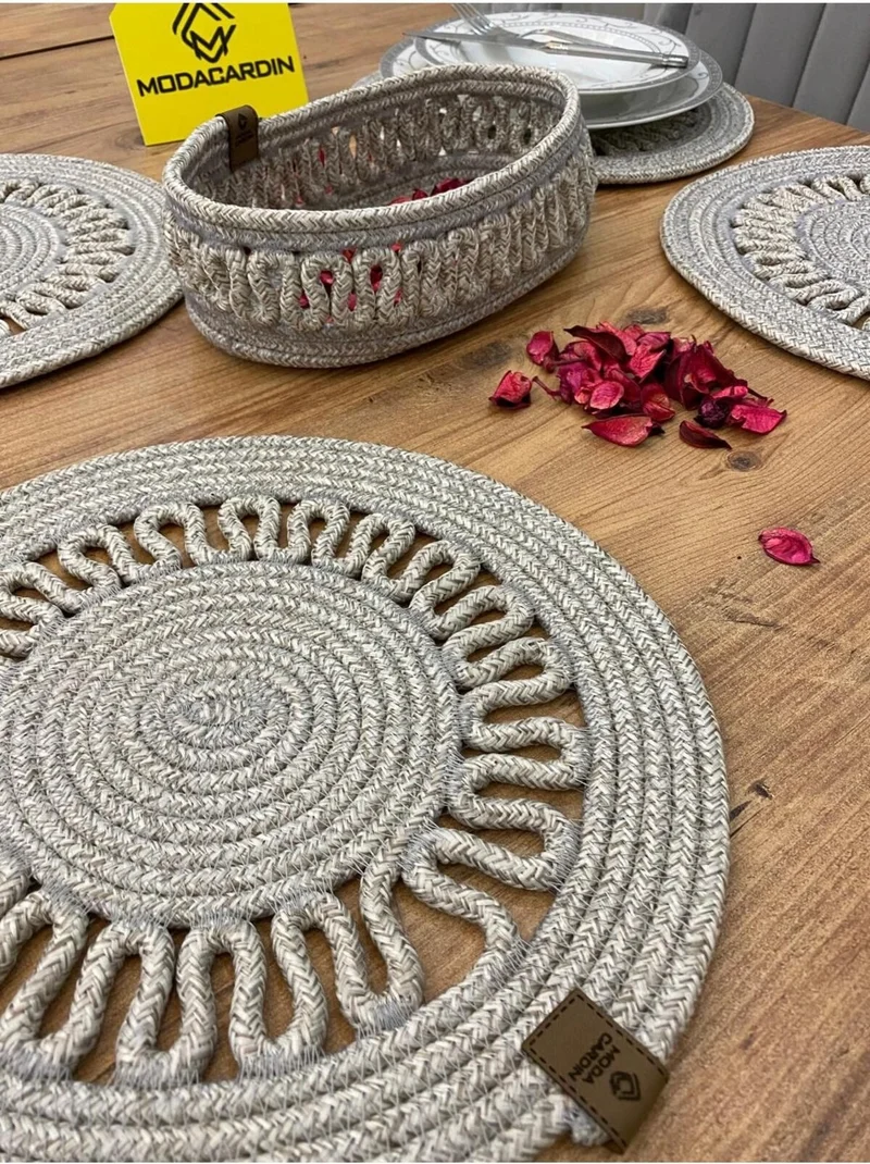 BDZ Deri BDZ Leather Jute Wicker American Service Plate and Basket 5 Pieces