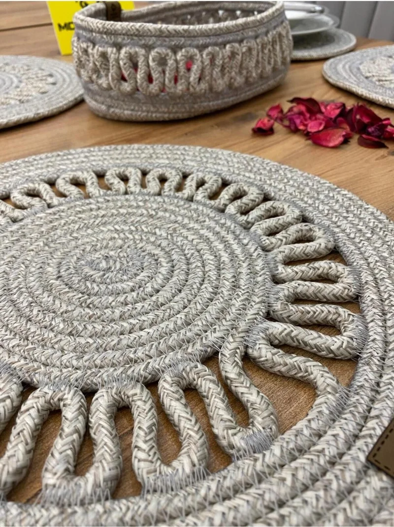 BDZ Deri BDZ Leather Jute Wicker American Service Plate and Basket 5 Pieces