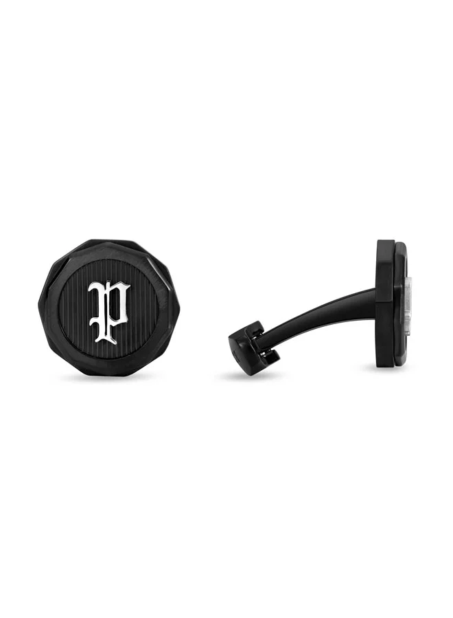 بوليس أزرار أكمام رجالية سوداء بشعار فضي  وحواف