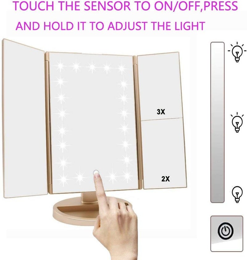 DeWEISN Floor Mount Tri-Fold Lighted Vanity Mirror with 21 LED Lights, Touch Screen and 3X/2X/1X Magnification, Two Power Supply Modes Make Up Mirror,Travel Mirror - Image 4