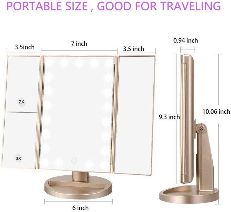 DeWEISN Floor Mount Tri-Fold Lighted Vanity Mirror with 21 LED Lights, Touch Screen and 3X/2X/1X Magnification, Two Power Supply Modes Make Up Mirror,Travel Mirror - Image 5