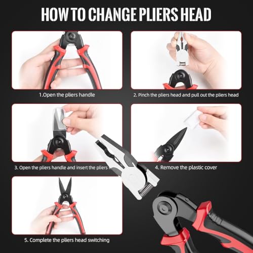 XBEY 5 IN 1 Multifunctional Plier Set with 5 Interchangeable Tool Heads - Wire Stripper, Crimping Tools, Cable Cutter, Electrician Scissors, Linesman Plier - 8 Inch Pliers Kit with Storage Case - Image 5
