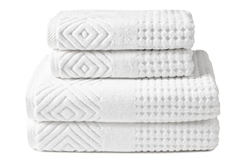 TexereSilk Texere 100% Organic Cotton Diamond Jacquard 700 GSM Luxury Bath Towel Sets - Ultra Soft and Absorbent Hotel and Spa Quality (Diamond, Bright White, 2 Bath & 2 Hand Towels) - Image 1