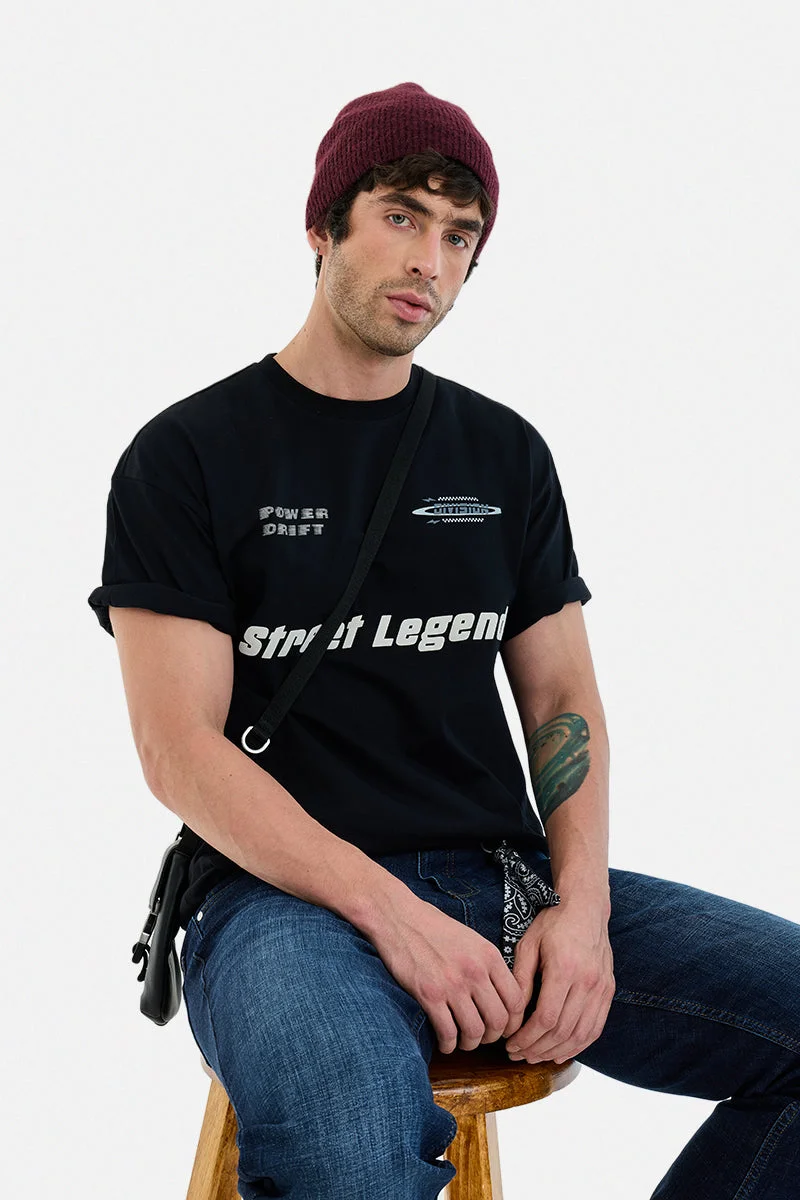 SNITCH Black Graphic Half Sleeve Oversized Streetwear T-Shirt