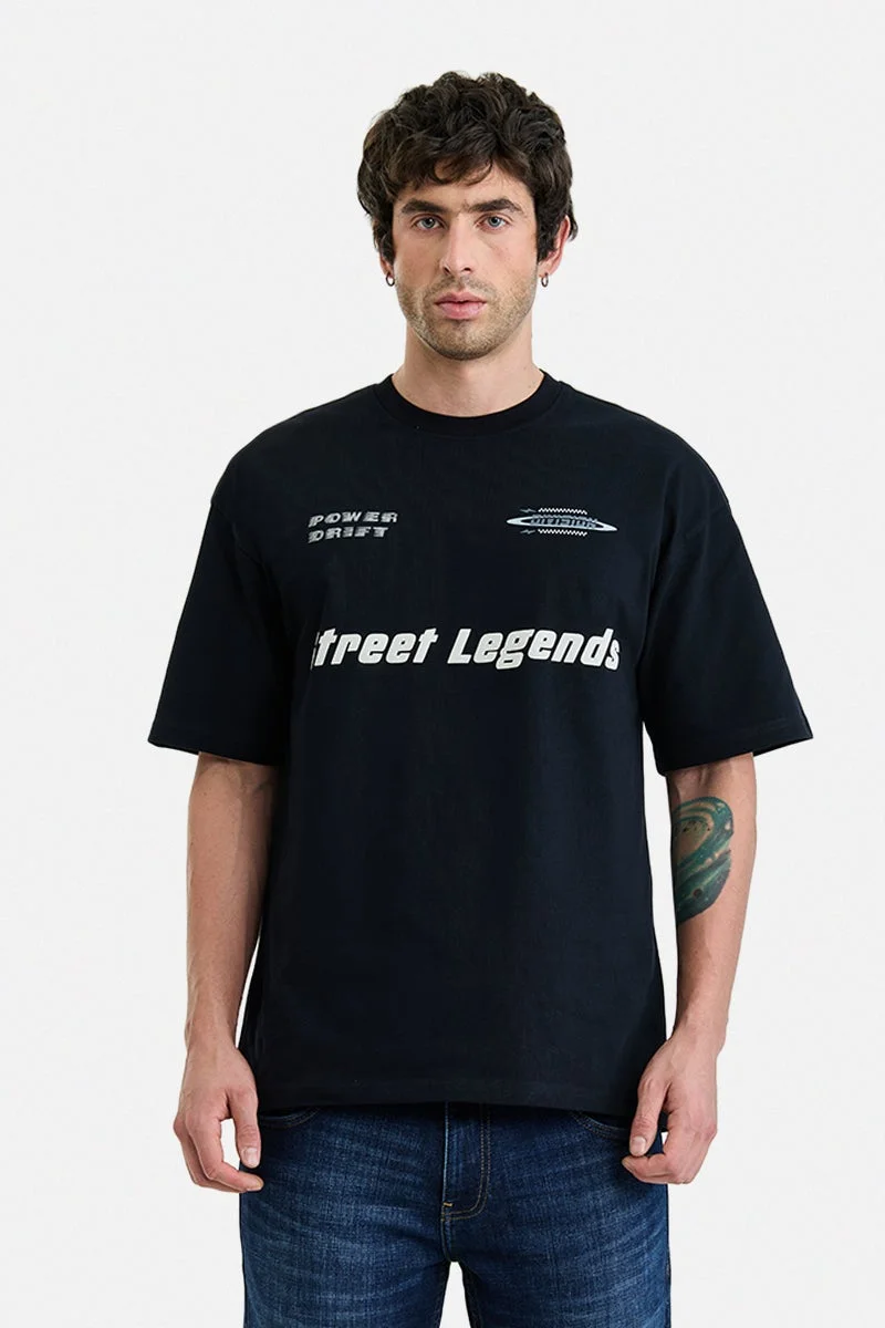 SNITCH Black Graphic Half Sleeve Oversized Streetwear T-Shirt