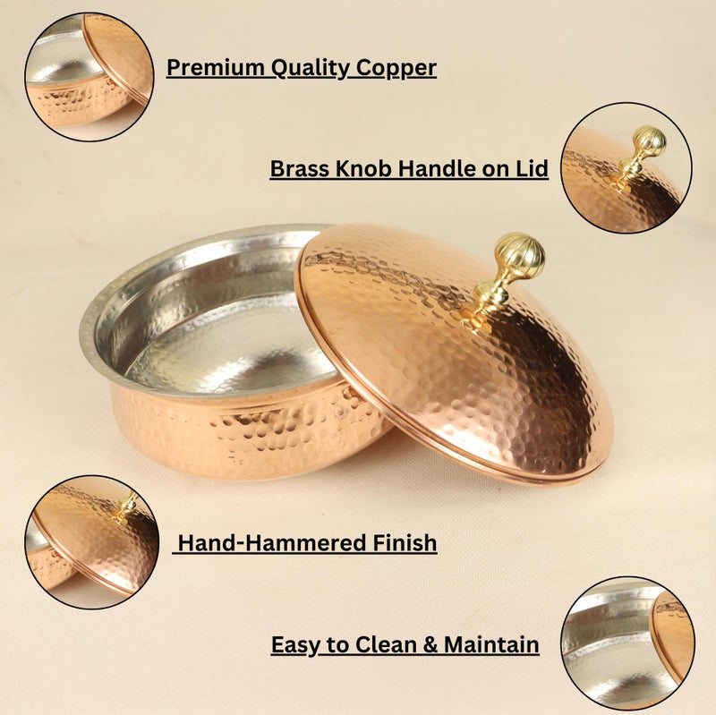 Spillbox Putrika Copper Kitchen Appliances Cooking Serving Pot Pan|Biryani Handi|Urli|Serveware|Tope |Patila|Cookware Bowl|Cooking Bowl Set with Lid (Copper, Small) - Image 5