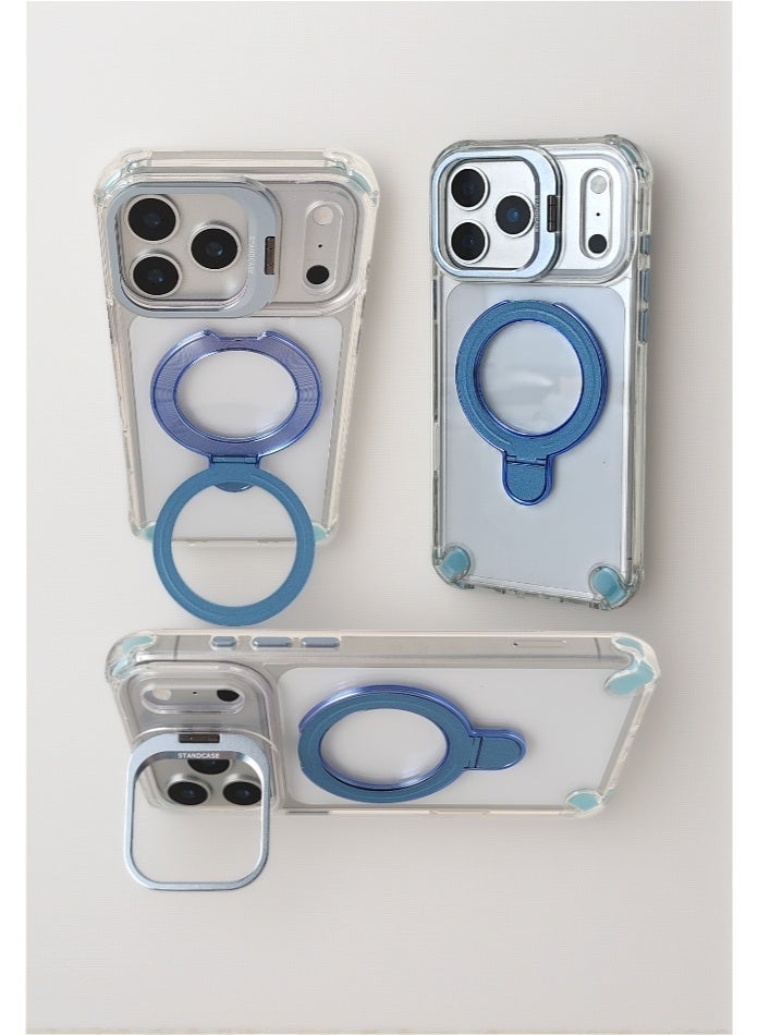 Phone Case Compatible with Apple iPhone 17Pro Max, Dual Stand (Lens Stand and Back Plate Stand), Supports Magnetic Attraction and Wireless Charging, Transparent Back Panel, Fingerprint-Resistant, Non-Yellowing, Blue Stand - Image 1