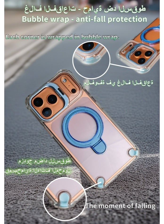 Phone Case Compatible with Apple iPhone 17Pro Max, Dual Stand (Lens Stand and Back Plate Stand), Supports Magnetic Attraction and Wireless Charging, Transparent Back Panel, Fingerprint-Resistant, Non-Yellowing, Blue Stand - Image 3