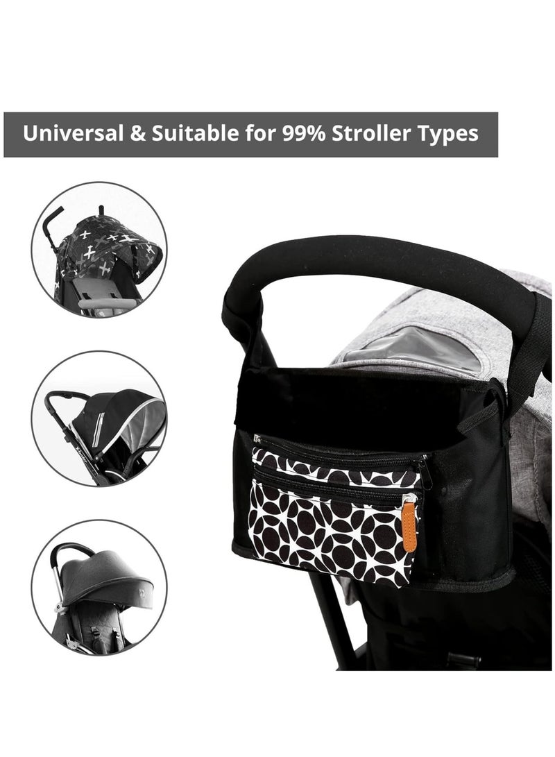 Zikra منظم عربة أطفال عالمي، حقيبة حفاضات، حقيبة عربة أطفال، منظم، لملحقات العربة، مع جيوب متعددة، خطافات عربة غير قابلة للانزلاق وحزام قابل للتعديل، دائرة سوداء - Image 2