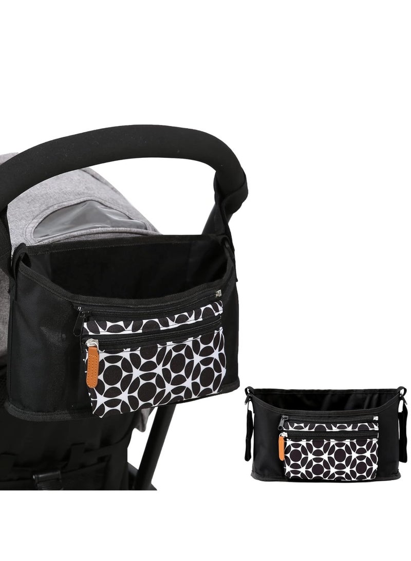 Zikra منظم عربة أطفال عالمي، حقيبة حفاضات، حقيبة عربة أطفال، منظم، لملحقات العربة، مع جيوب متعددة، خطافات عربة غير قابلة للانزلاق وحزام قابل للتعديل، دائرة سوداء - Image 1