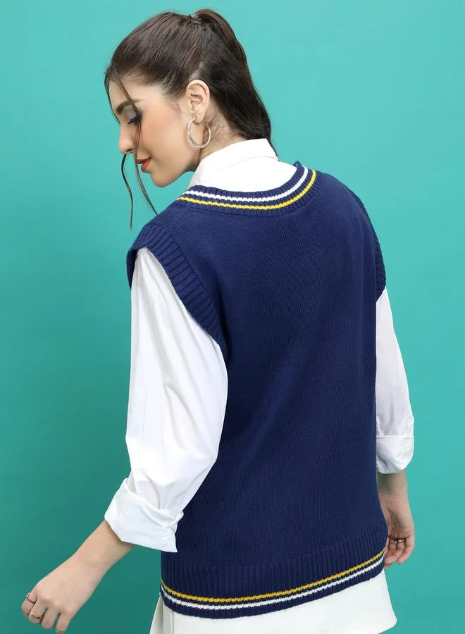 Tokyo Talkies Contrast Striped Trim V-Neck Sleeveless Sweater by Styli
