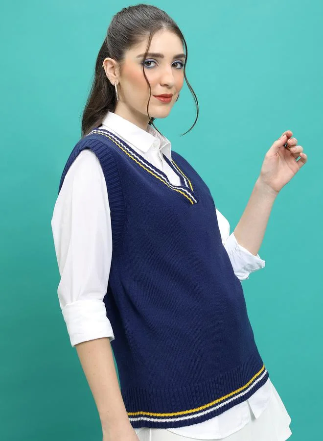Tokyo Talkies Contrast Striped Trim V-Neck Sleeveless Sweater by Styli