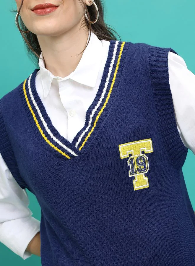 Tokyo Talkies Contrast Striped Trim V-Neck Sleeveless Sweater by Styli