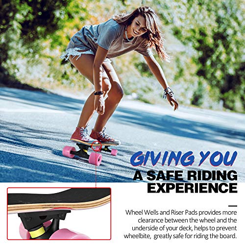 BELEEV Cruiser Skateboards for Beginners, 27 Inch Complete Skateboard for Kids Teens Adults, 7 Ply Canadian Maple Double Kick Deck Concave Trick Skateboard (Pink) - Image 3