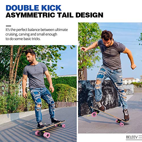 BELEEV Cruiser Skateboards for Beginners, 27 Inch Complete Skateboard for Kids Teens Adults, 7 Ply Canadian Maple Double Kick Deck Concave Trick Skateboard (Pink) - Image 4