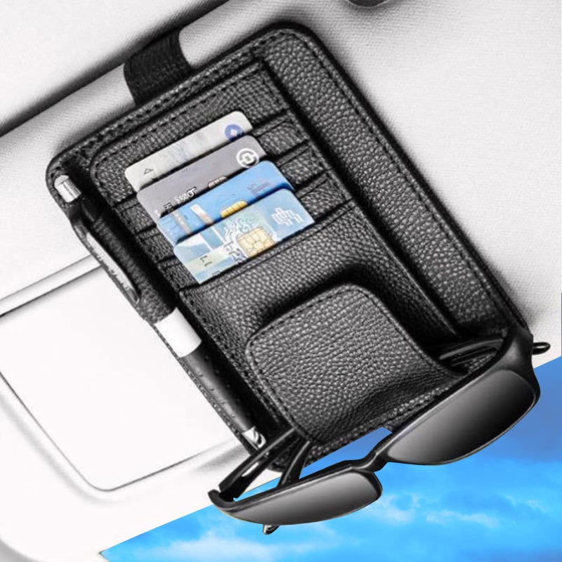 Black Small Car Sun Visor Organizer with Clip Sunglasses Holders for Car Sun Visor PU Auto Interior Accessories Storage Travel Document Holder with Multi Pocket