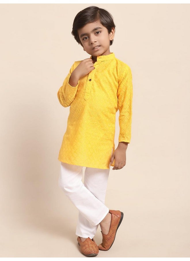 Superminis - superminis Baby Boys Ethnic Wear Colored Cotton Chikankari Kurta, Round Collar, Full Sleeves With White Pyjama, Kurta Set (Yellow, 12-18 Months) - Image 1