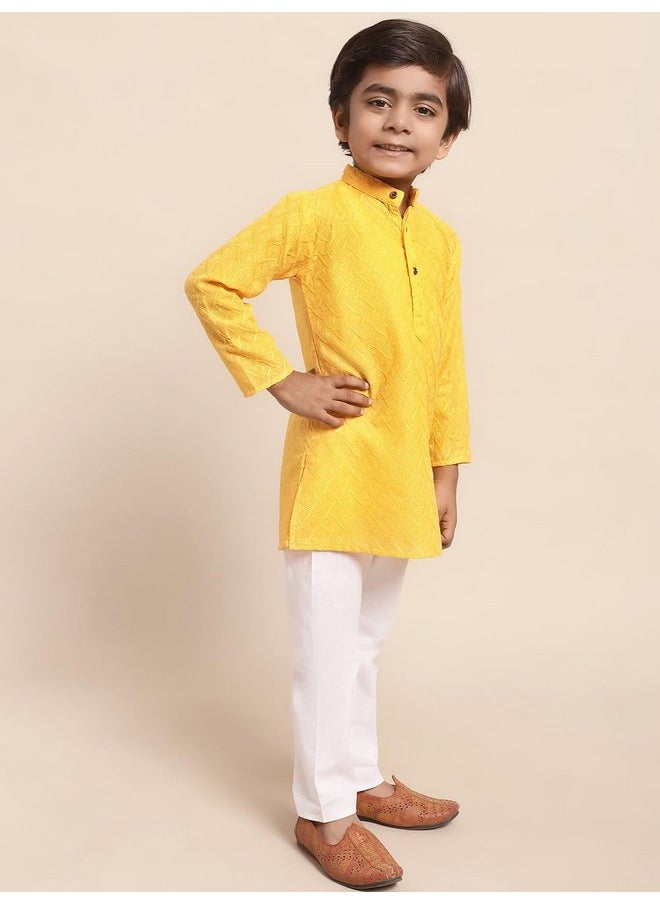 Superminis - superminis Baby Boys Ethnic Wear Colored Cotton Chikankari Kurta, Round Collar, Full Sleeves With White Pyjama, Kurta Set (Yellow, 12-18 Months) - Image 1