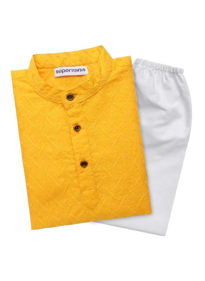 Superminis - superminis Baby Boys Ethnic Wear Colored Cotton Chikankari Kurta, Round Collar, Full Sleeves With White Pyjama, Kurta Set (Yellow, 12-18 Months) - Image 1